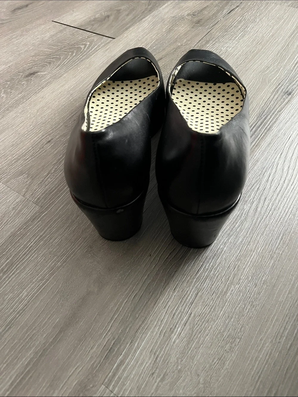 BCBGirls Women’s Black Peep-Toe Size 10B Wedge Heels with Polka-Dot Insole